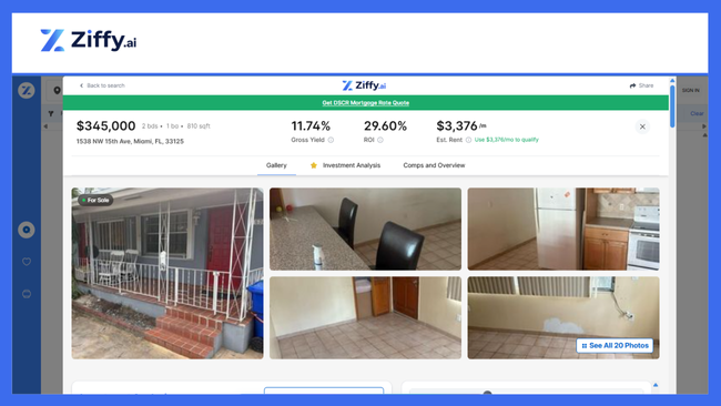 Property in Miami listed on Ziffy.ai with a monthly rent of $3,376 and PITIA of $2,451