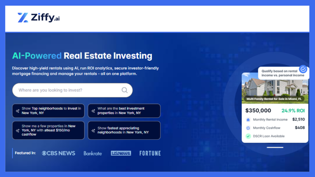 Ziffy homepage where you can quickly search for investment properties in your desired location.