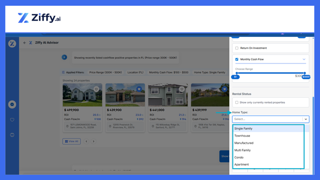 You can add filters to your ziffy.ai search and choose the Home Type you are looking for.