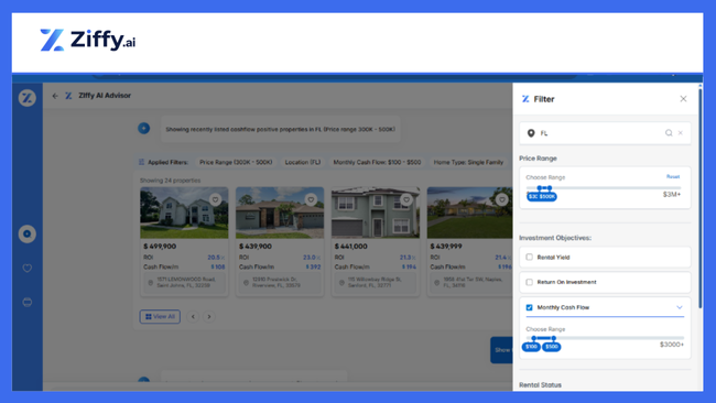 Use smart filters to narrow down your real estate investment property search.