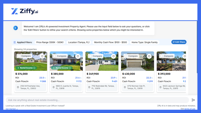 Ziffy's AI-powered investment property agent shows you listings. You can also ask more questions.