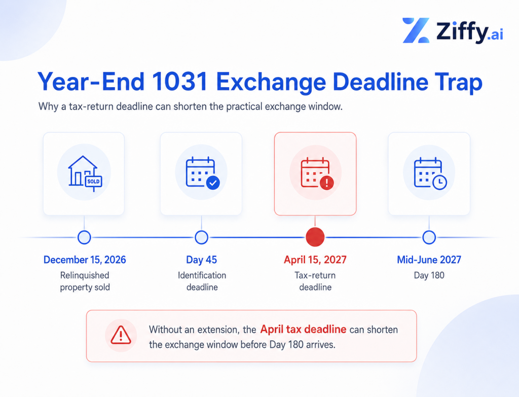 Branded Ziffy.ai year-end deadline graphic showing a December 15, 2026 relinquished property sale, a Day 45 identification deadline, an April 15, 2027 tax-return deadline, and a mid-June 2027 Day 180 deadline, with a warning that the April deadline can shorten the exchange window without an extension.