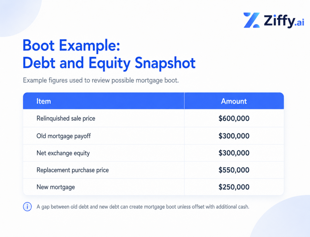 Branded Ziffy.ai table showing a 1031 boot example with a relinquished sale price of $600,000, old mortgage payoff of $300,000, net exchange equity of $300,000, replacement purchase price of $550,000, and new mortgage of $250,000.