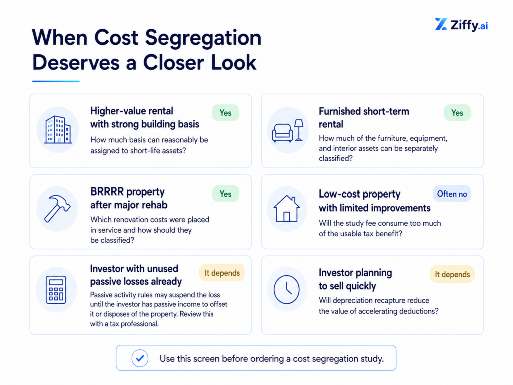 Investor situationCost segregation likely deserves a closer look?What to ask before ordering a studyHigher-value rental with strong building basisYesHow much basis can reasonably be assigned to short-life assets?Furnished short-term rentalYesHow much of the furniture, equipment, and interior assets can be separately classified?Buy, rehab, rent, refinance, repeat (BRRRR) property after major rehabYesWhich renovation costs were placed in service and how should they be classified?Low-cost property with limited improvementsOften noWill the study fee consume too much of the usable tax benefit?Investor with unused passive losses alreadyIt dependsPassive activity rules may suspend the loss until the investor has passive income to offset it or disposes of the property. Review this with a tax professional.Investor planning to sell quicklyIt dependsWill depreciation recapture reduce the value of accelerating deductions?