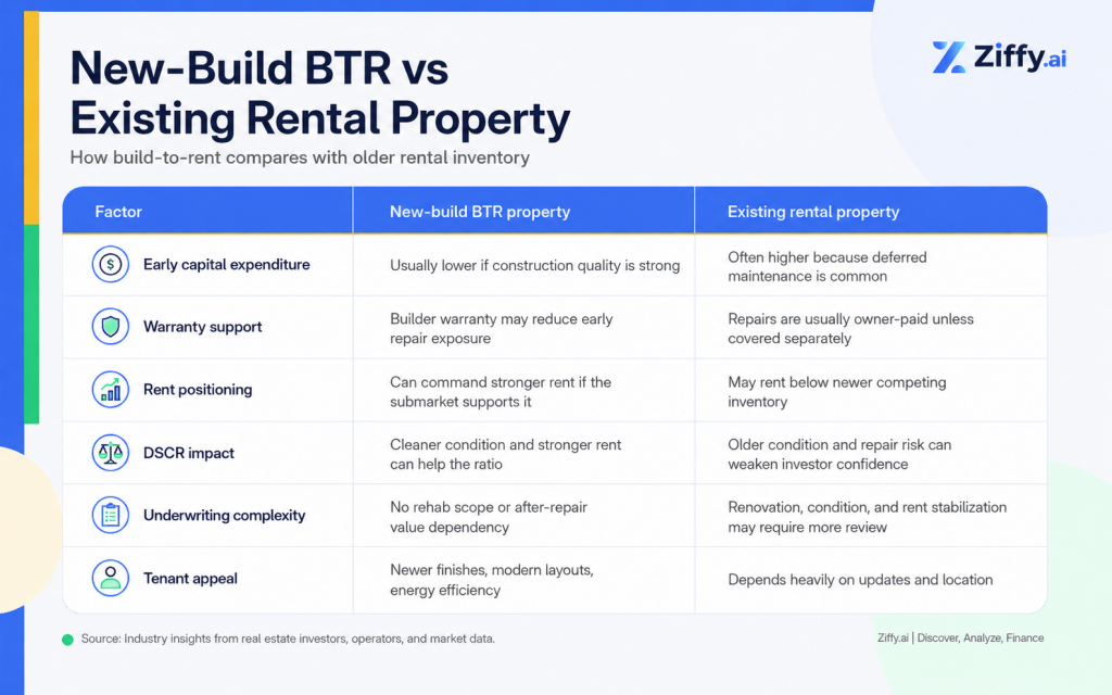 FactorNew-build BTR propertyExisting rental propertyEarly capital expenditureUsually lower if construction quality is strongOften higher because deferred maintenance is commonWarranty supportBuilder warranty may reduce early repair exposureRepairs are usually owner-paid unless covered separatelyRent positioningCan command stronger rent if the submarket supports itMay rent below newer competing inventoryDSCR impactCleaner condition and stronger rent can help the ratioOlder condition and repair risk can weaken investor confidenceUnderwriting complexityNo rehab scope or after-repair value dependencyRenovation, condition, and rent stabilization may require more reviewTenant appealNewer finishes, modern layouts, energy efficiencyDepends heavily on updates and location
