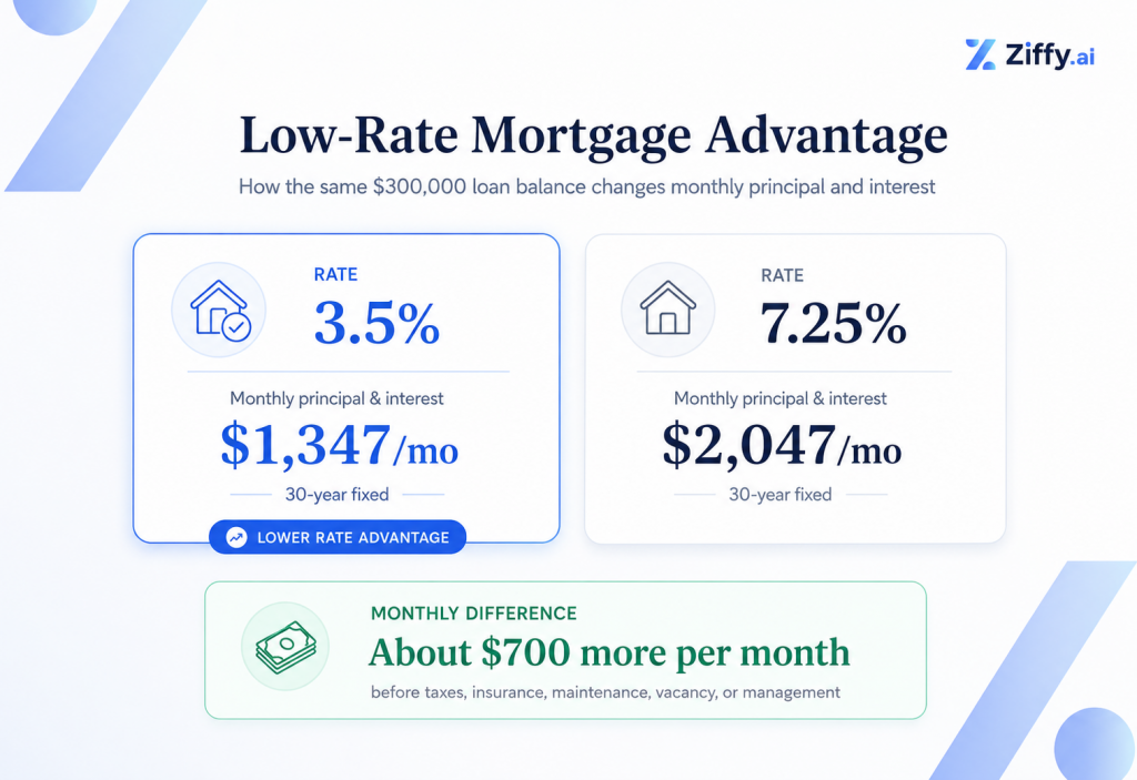Take a $300,000 loan balance on a 30-year fixed mortgage. At 3.5%, principal and interest is about $1,347 per month. At 7.25%, principal and interest is about $2,047 per month. That is roughly $700 per month before taxes, insurance, maintenance, vacancy, or management.