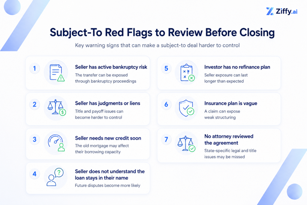 Red flagWhy it mattersSeller has active bankruptcy riskThe transfer can be exposed through bankruptcy proceedingsSeller has judgments or liensTitle and payoff issues can become harder to controlSeller needs new credit soonThe old mortgage may affect their borrowing capacitySeller does not understand the loan stays in their nameFuture disputes become more likelyInvestor has no refinance planSeller exposure can last longer than expectedInsurance plan is vagueA claim can expose weak structuringNo attorney reviewed the agreementState-specific legal and title issues may be missed