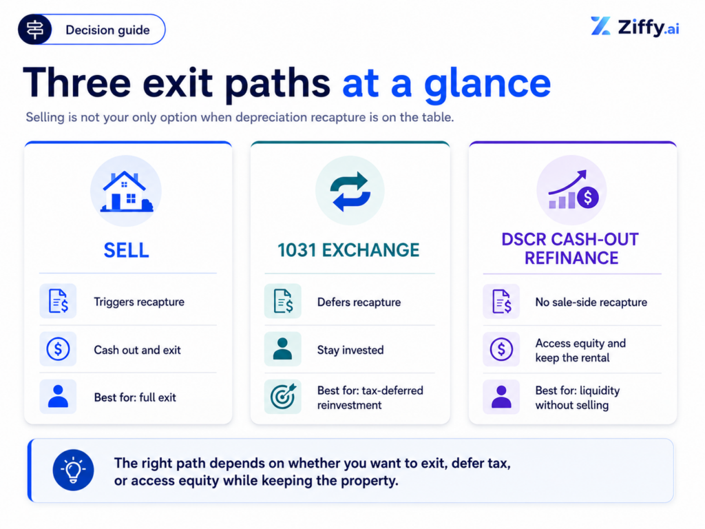 Decision framework graphic comparing four paths: Sell, 1031 Exchange, DSCR Cash-Out Refinance, and Installment Sale. For each path, the graphic lists when it is a stronger fit and what to watch out for. Sell is a stronger fit when an investor is exiting real estate or needs clean liquidity, with watchouts including recapture, capital gains, NIIT, state taxes, and selling costs. A 1031 exchange is a stronger fit when the investor wants to stay invested and can identify a replacement property before the deadline, with watchouts including financing, appraisal, title, and timing pressure. A DSCR cash-out refinance is a stronger fit when the investor wants liquidity while keeping the rental, with watchouts including higher debt and continued future sale tax exposure. An installment sale is a stronger fit when a CPA and attorney confirm the structure works, with watchouts including uneven tax treatment and seller-financing risk.