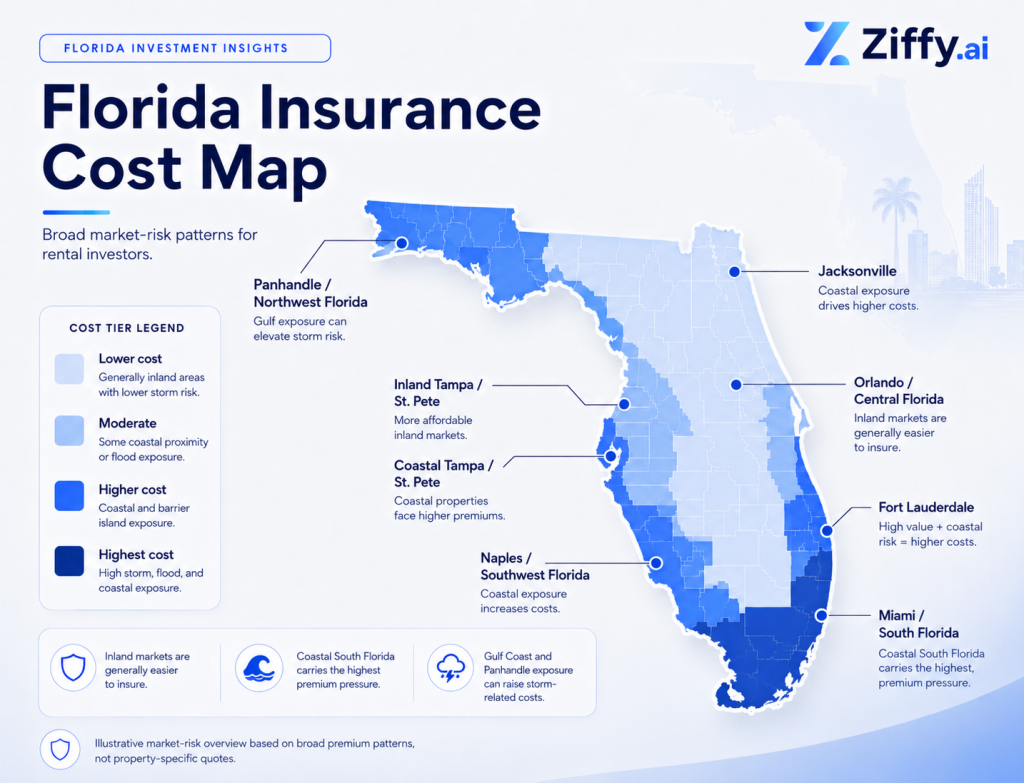 Branded Ziffy Florida insurance cost map showing broad market-risk patterns, with inland markets shown as lower-cost areas and coastal South Florida, Gulf Coast, and Panhandle areas shown as higher-cost insurance zones.