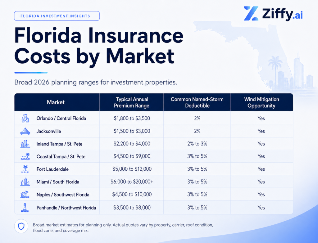 Branded Ziffy table showing broad 2026 Florida investment property insurance cost ranges by market, including Orlando, Jacksonville, Inland Tampa, Coastal Tampa, Fort Lauderdale, Miami, Naples, and the Panhandle.
