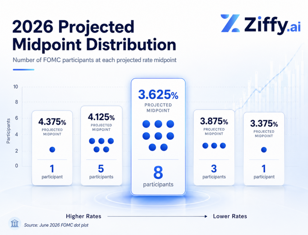 Ziffy infographic showing the 2026 projected federal funds rate midpoint distribution, with 1 participant at 4.375%, 5 at 4.125%, 3 at 3.875%, 8 at 3.625%, and 1 at 3.375%.