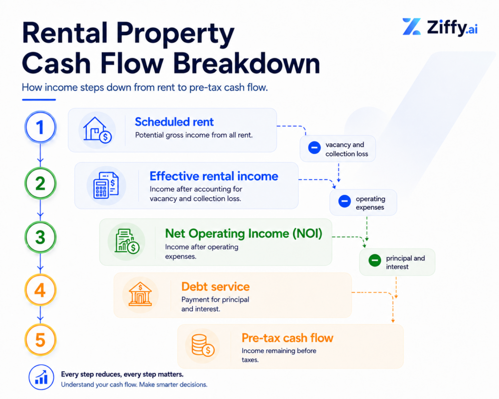 Conceptual Ziffy cash flow waterfall showing scheduled rent reduced by vacancy and collection loss, operating expenses, and debt service to reach pre-tax cash flow.