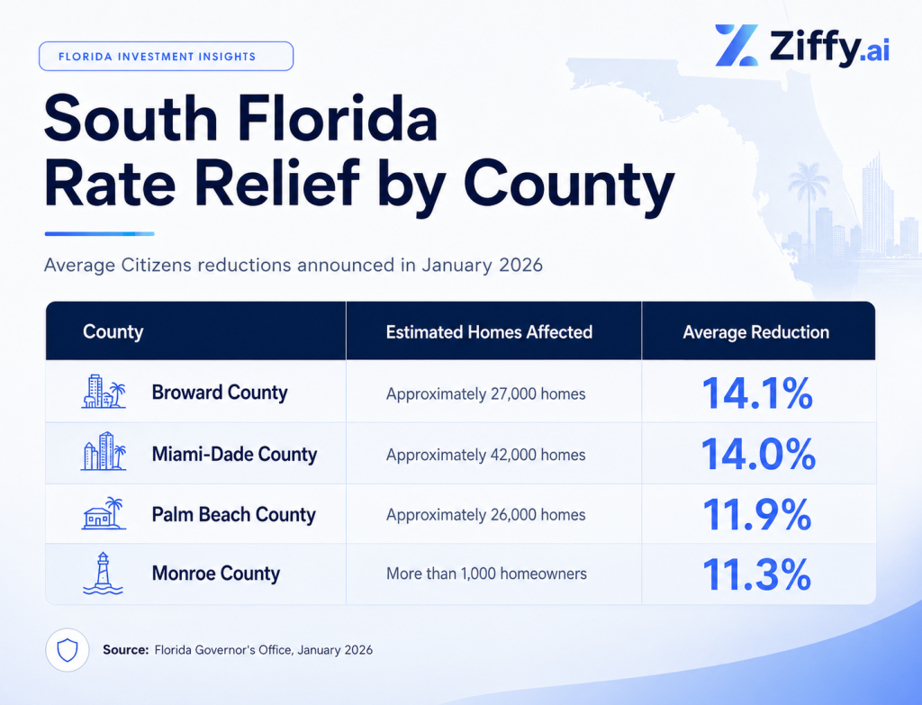 Branded Ziffy graphic showing average Citizens insurance rate reductions in South Florida counties for January 2026, with Broward at 14.1%, Miami-Dade at 14.0%, Palm Beach at 11.9%, and Monroe at 11.3%.