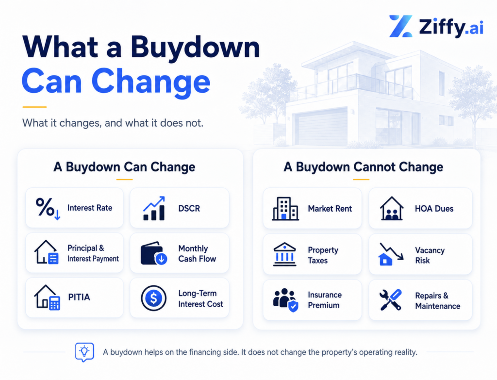 Infographic titled “What a Buydown Can Change” comparing what a buydown can and cannot change on a DSCR loan. The graphic shows that a buydown can change interest rate, principal and interest payment, PITIA, DSCR, monthly cash flow, and long-term interest cost. It also shows that a buydown cannot change market rent, property taxes, insurance premium, HOA dues, vacancy risk, or repairs and maintenance.