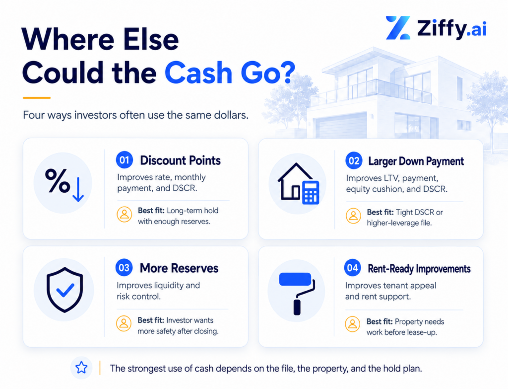 Infographic titled “Where Else Could the Cash Go?” showing four ways an investor could use the same cash instead of paying discount points. The options are discount points, larger down payment, more reserves, and rent-ready improvements. Each option includes what it improves and the best-fit use case, such as long-term hold, tighter DSCR, added liquidity, or property improvements before lease-up.