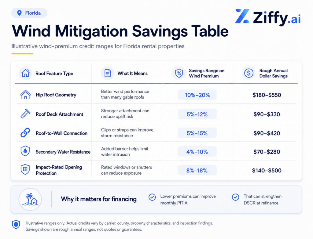 Florida wind mitigation savings table showing possible wind premium credits and illustrative annual dollar savings for roof geometry, roof deck attachment, roof-to-wall connection, secondary water resistance, and impact-rated openings.