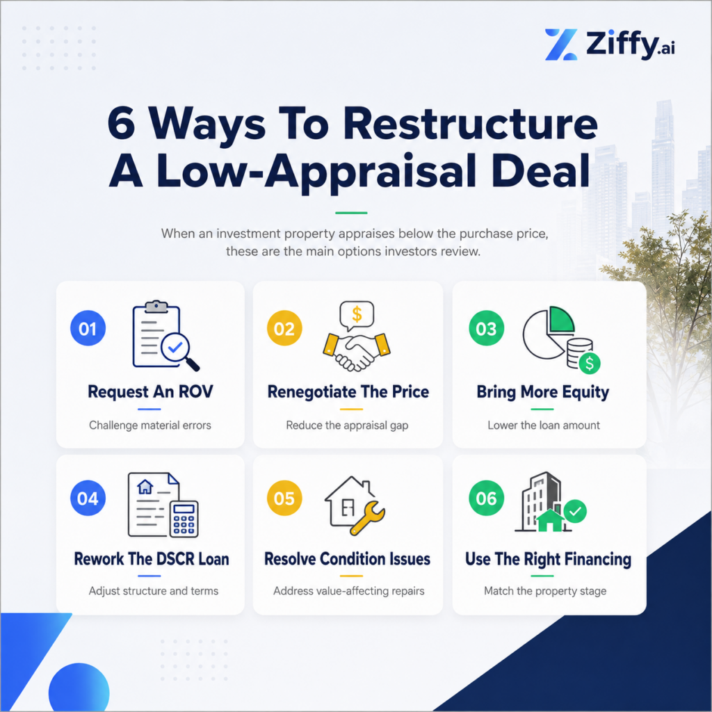 Ziffy.ai infographic titled “6 Ways To Restructure A Low-Appraisal Deal,” showing six investor options in a grid: request an ROV, renegotiate the price, bring more equity, rework the DSCR loan, resolve condition issues, and use the right financing.