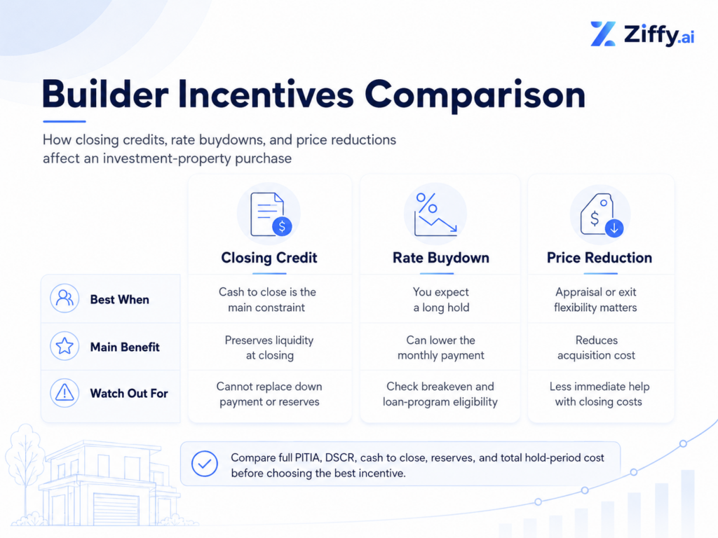 Builder incentives comparison showing when to choose a closing credit, rate buydown, or price reduction for an investment-property purchase.