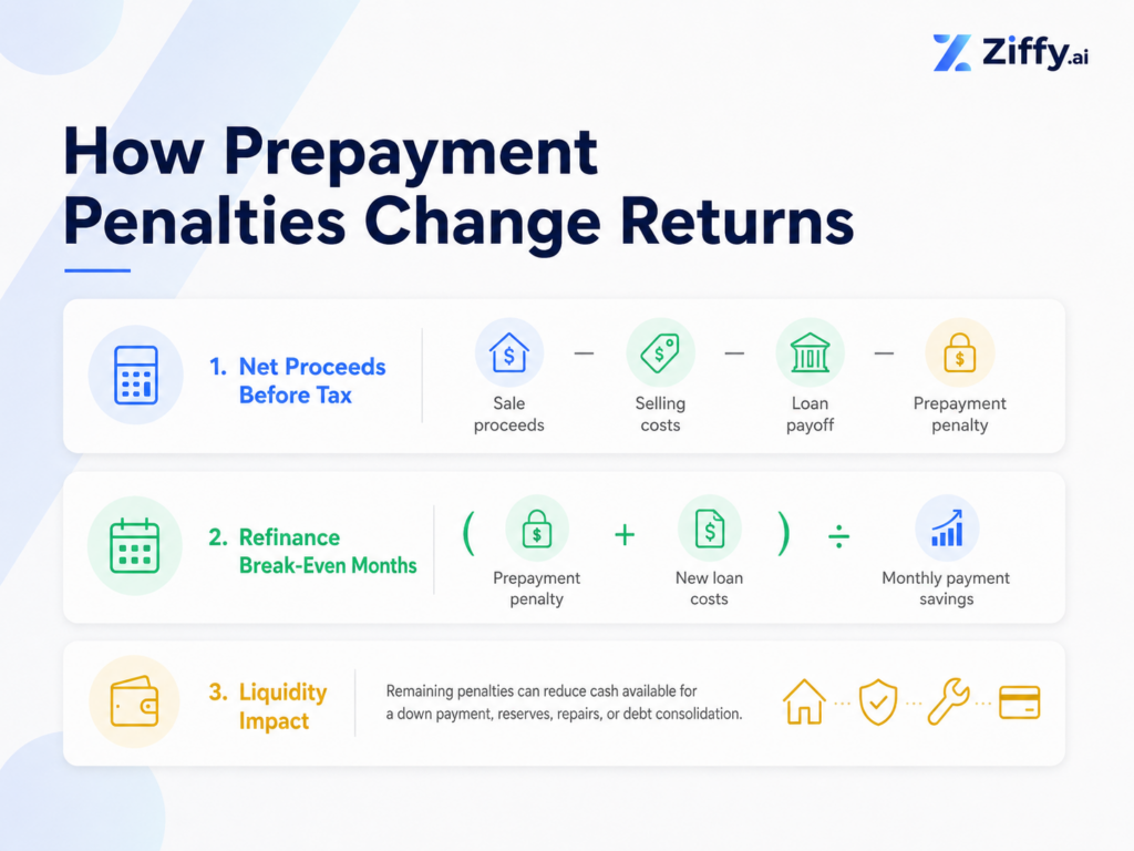 Infographic showing how DSCR loan prepayment penalties reduce sale proceeds, affect refinance break-even time, and limit available liquidity.