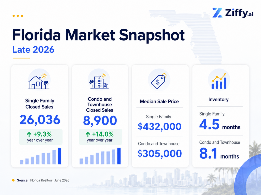 Florida market snapshot for June 2026 showing 26,036 single-family closed sales, 8,900 condo and townhouse sales, median prices of $432,000 and $305,000, and inventory of 4.5 and 8.1 months.