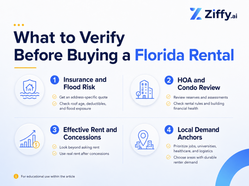 Checklist of four factors to verify before buying a Florida rental property: insurance and flood risk, HOA and condo finances, effective rent after concessions, and local renter-demand anchors.