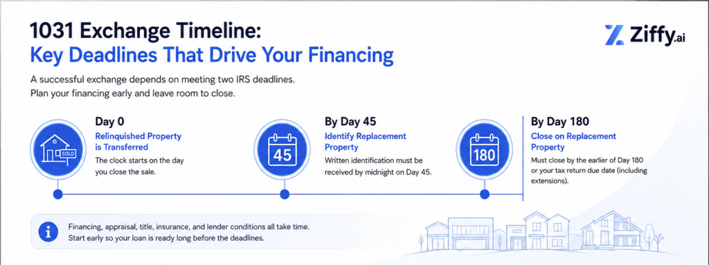 1031 exchange timeline showing Day 0 property transfer, the Day 45 replacement property identification deadline, and the Day 180 acquisition deadline.
