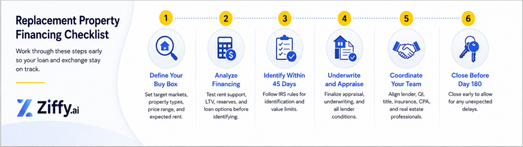Replacement property financing checklist covering buy box, rent support, loan-to-value ratio, appraisal, lender coordination, and closing before Day 180.